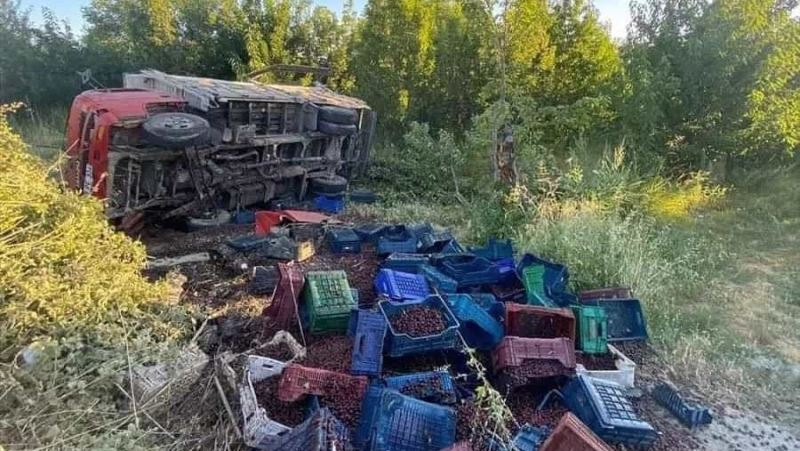 Kiraz Yüklü Kamyon Devrildi: 1 Yaralı